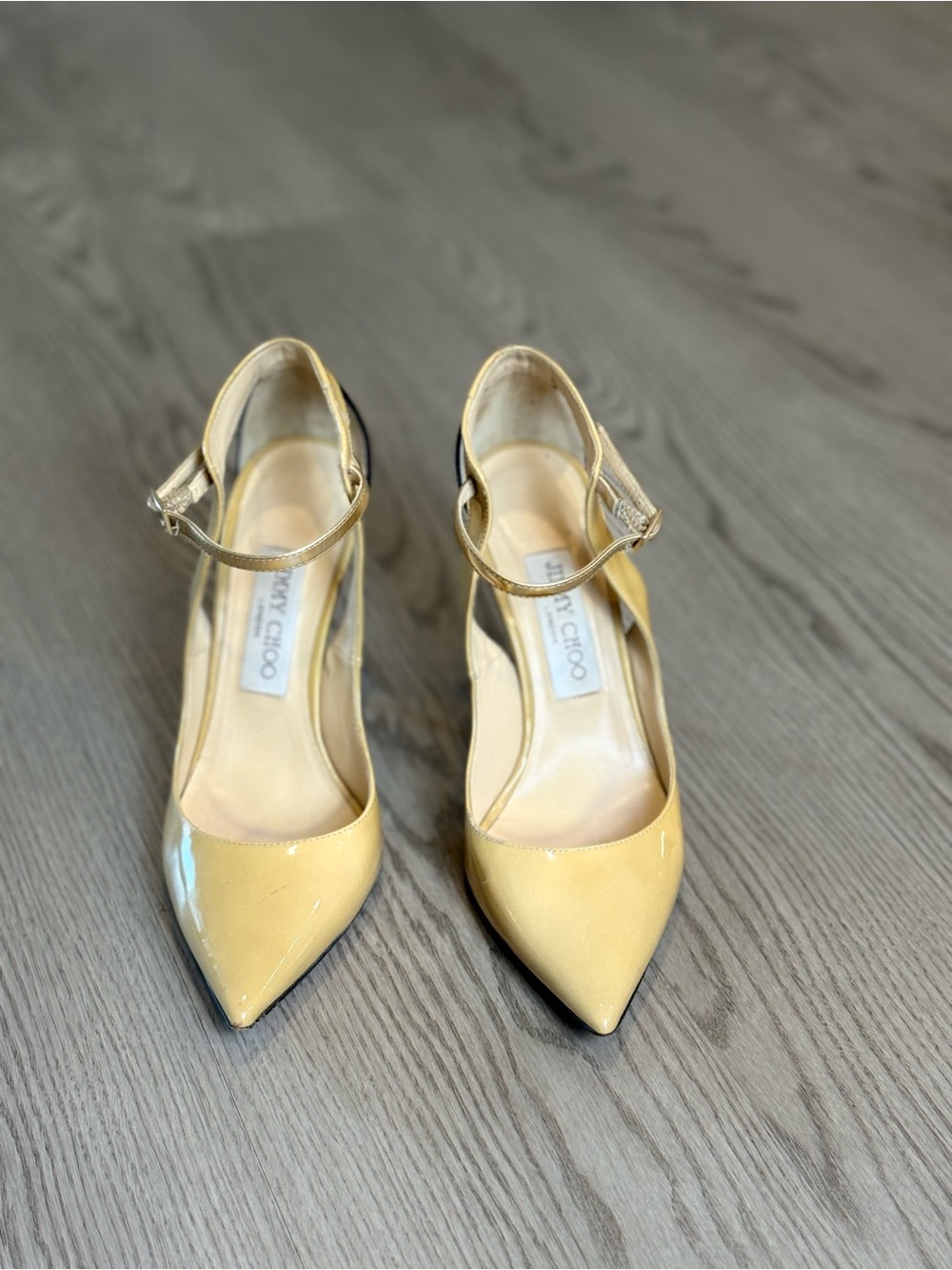 Jimmy Choo Yellow Patent Pointed-Toe Ankle-Strap Heels